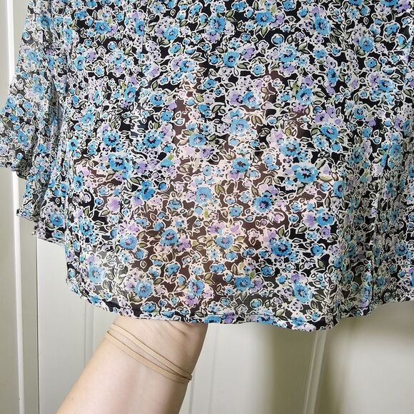 Laura Ashley Top Women's 8 Black Blue Purple Dark Floral Silk Ruffle V-neck - Picture 7 of 8